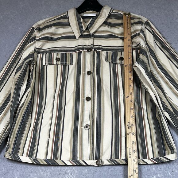 Liz Claiborne Striped Jean Jacket Large Beige Tan Gray Unlined Yoke Pockets - Picture 7 of 13
